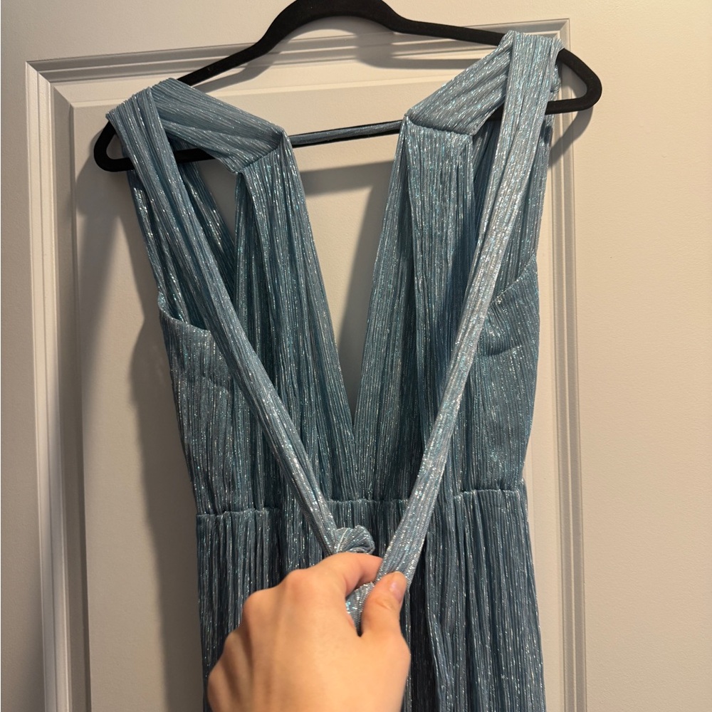 Sabina Musayev Skylar Dress in Marine Blue Metallic Shimmer Missing Belt Sz M - Picture 11 of 11